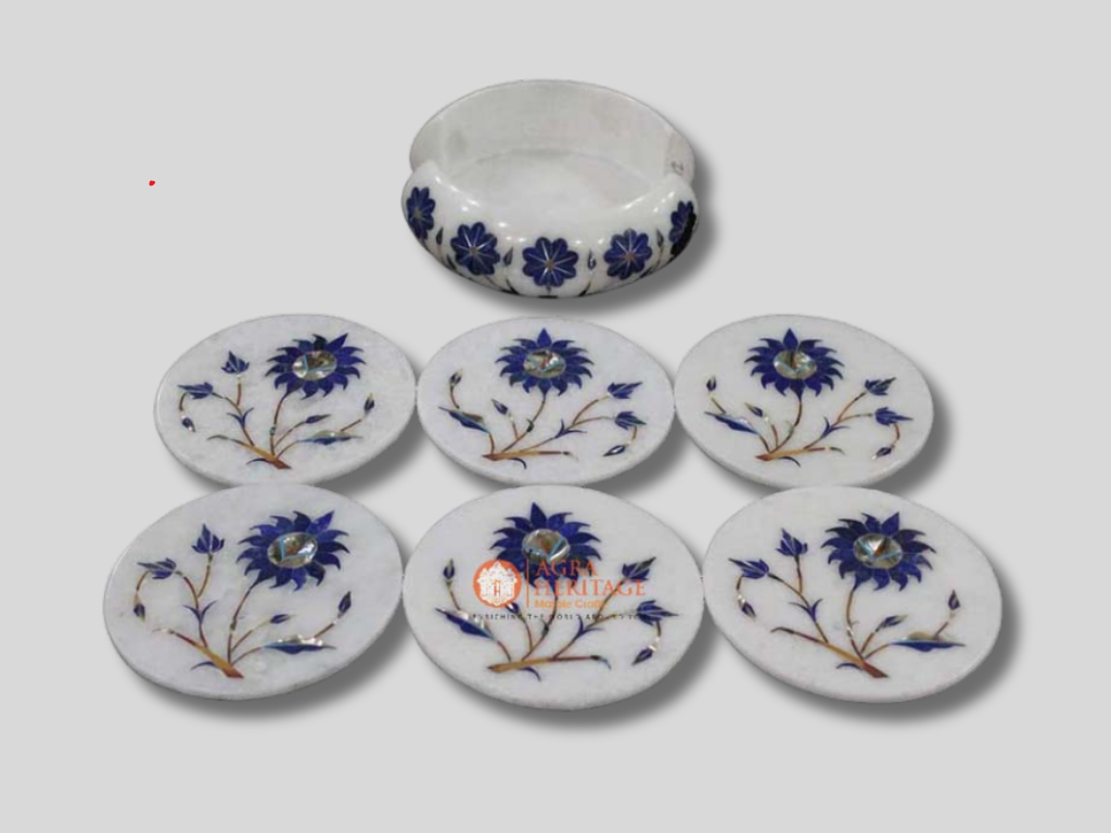 Marble White Lapis Floral Dining Table Coaster Set